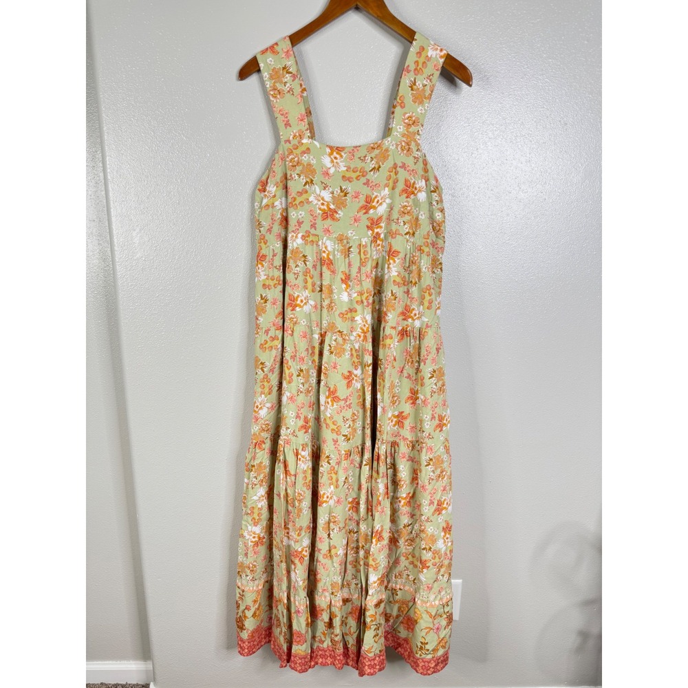 Makk Fashions Sage Green Floral Tiered Maxi Dress Smocked Back Boho Size Large